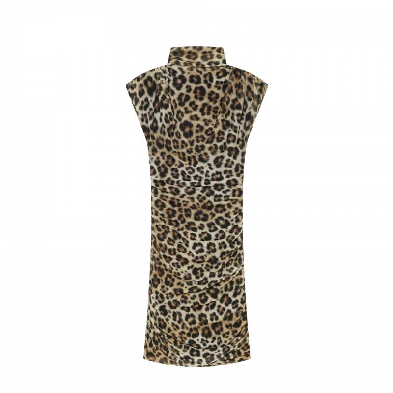 Animal Print Scarf Decorated Mini Dress Loose Fit V-Neck Sleeveless A-Line Daily Wear