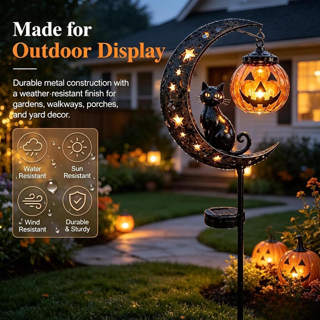 Solar Halloween Black Cat on Crescent Moon Garden Stake Light with Hanging Pumpkin Lantern Waterproof Solar Powered Outdoor Halloween Yard Decor Path