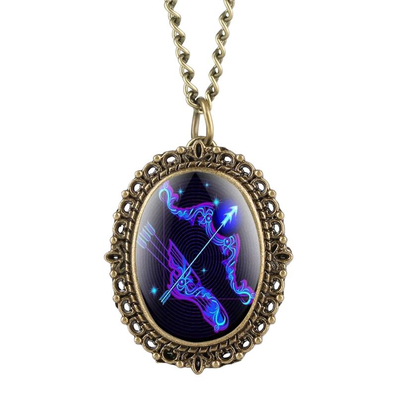 New 12 Constellation Astrology Oval Pocket Watch Unique Fluorescent Blue Zodiac Necklace Pendant Quartz Birthday Gift for Friend