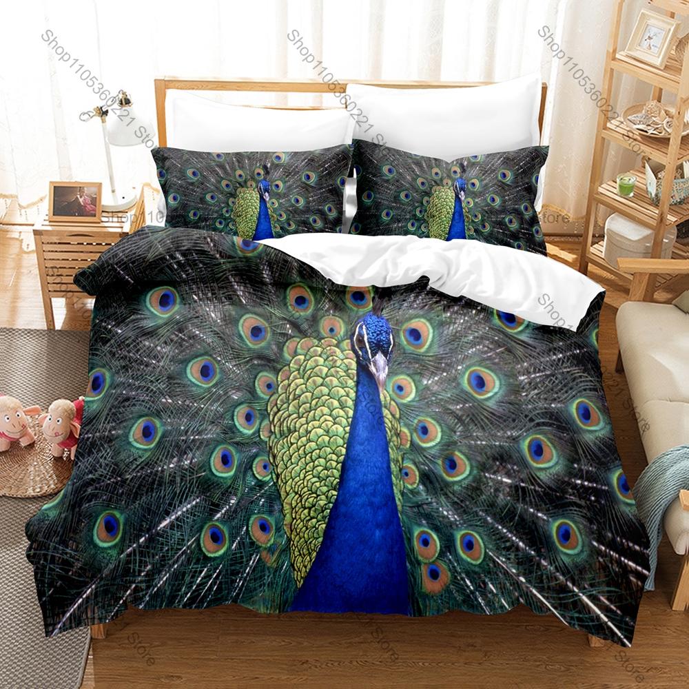 Peacock Printed Bedding Set, Duvet Cover + 2 Pillowcases Elegant Bird Pattern Soft Bed Sheets for Living Room Dorm Decoration