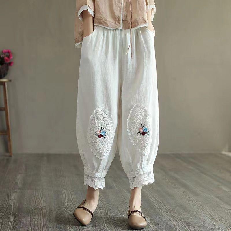 Vintage Boho Cotton Linen Pants for Women Summer Pockets Thin Beach Trousers Woman Casual High Waist Loose Harem Pants