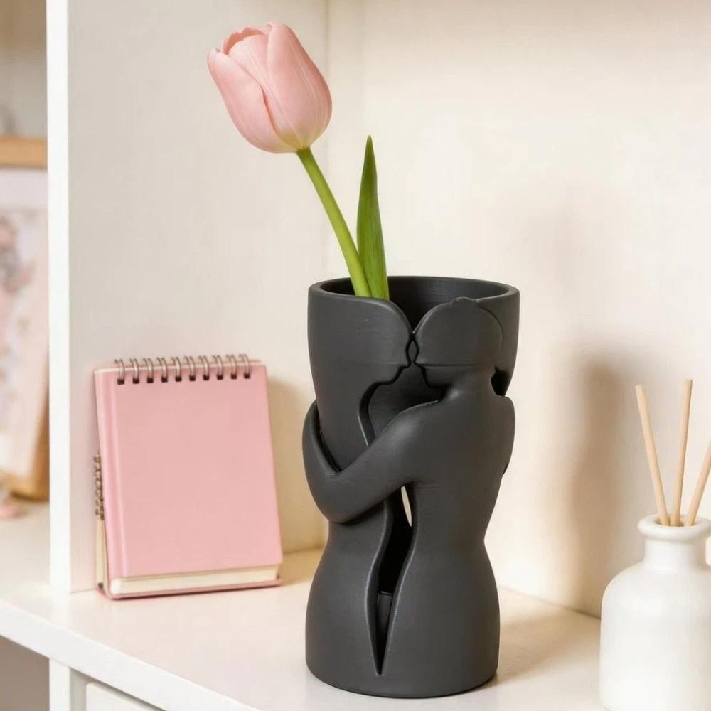 Abstract Shape 3D Couple Flower Vase Black Flower Holder Lovers Ornament Sculpture  Bedroom