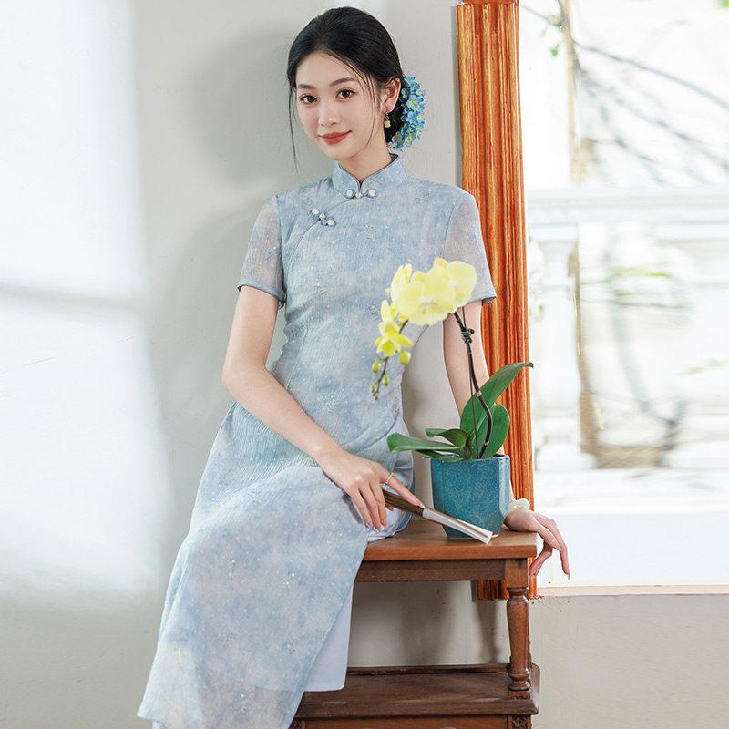 Blue thin mother national style new Chinese style Aodai improved cheongsam new women's high-end dress summer
