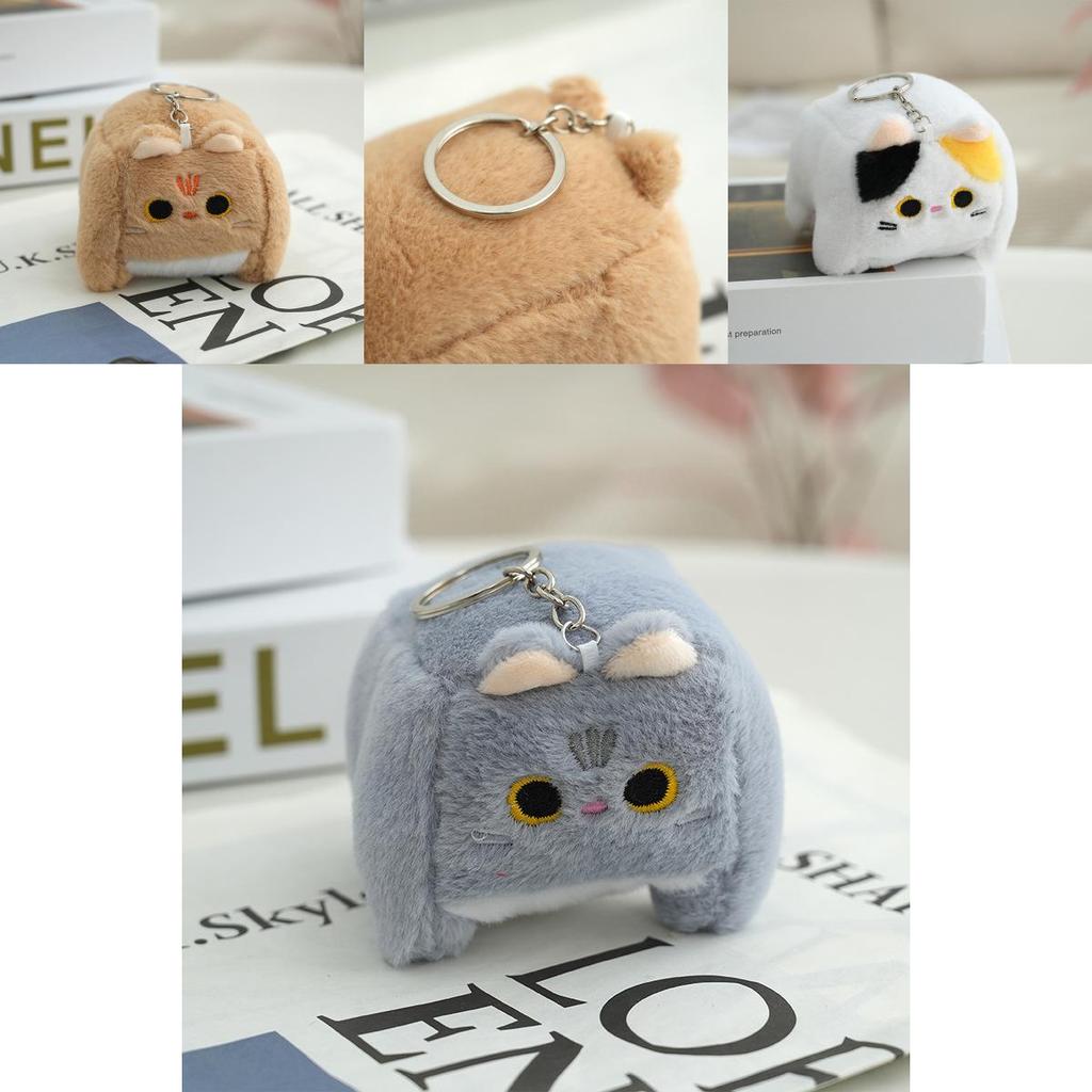 Adorable Fluffy Cat Keychain Plush Toy Soft Cartoon Square Kitty Bag Charm