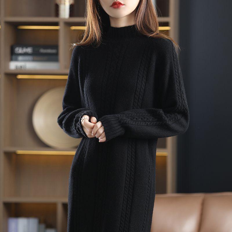 Autumn and Winter Dress Sweater Wool Women Solid Loose O Neck Long Sleeve Half High Collar Fried Dough Twists Dress Pullover
