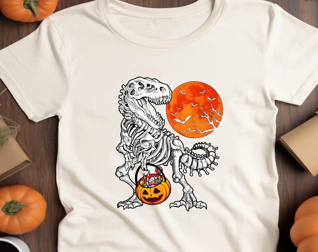 Skeleton Dinosaur Halloween T-Shirt, Funny T-Rex Pumpkin Costume