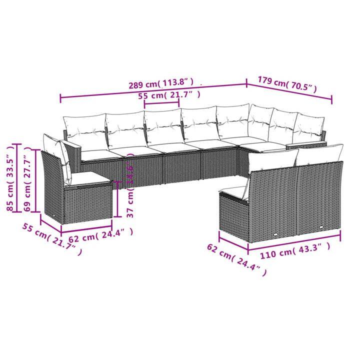 VidaXL Salon de Jardin avec Coussins 10 pcs, Canapés de Terrasse, Ensemble de Meubles de Patio, Mobilier d'Extérieur, 3226073