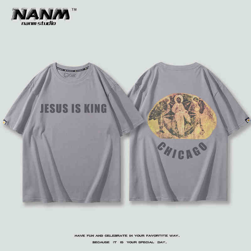 2024 New Fashion KANYE with Short Sleeve T-shirt Boys Kanye Music Festival Three Gods Religious Oil Loose Hip Hop Half Sleeve