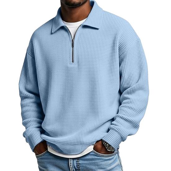 Мужской свитшот, вафельная текстура, длинный рукав, молния до середины, классический отложной воротник, пуловер, однотонный, свободный крой, повседневный спортивный топ