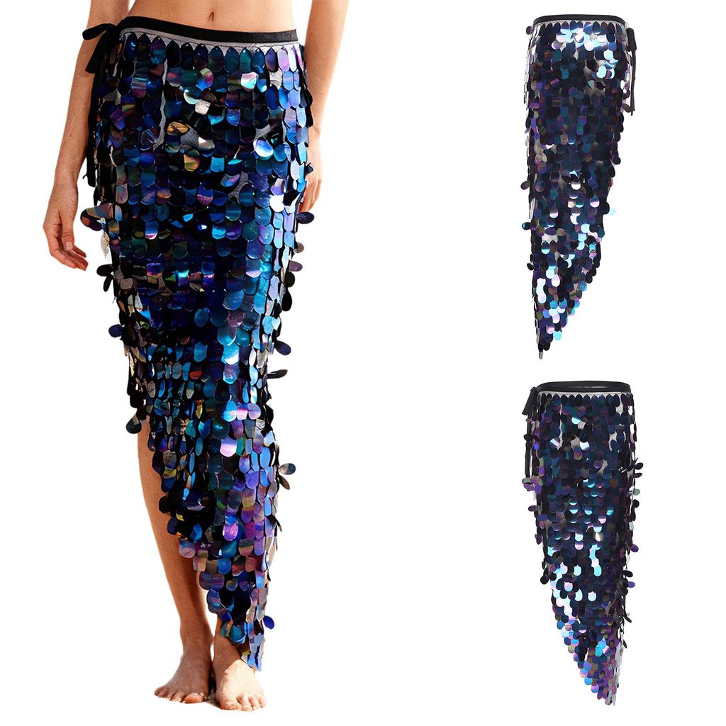 Женская длинная юбка на бедрах для танца живота на Хэллоуин с блестящими пайетками на шнуровке Русалка набедренный шарф с запахом праздничные танцевальные костюмы