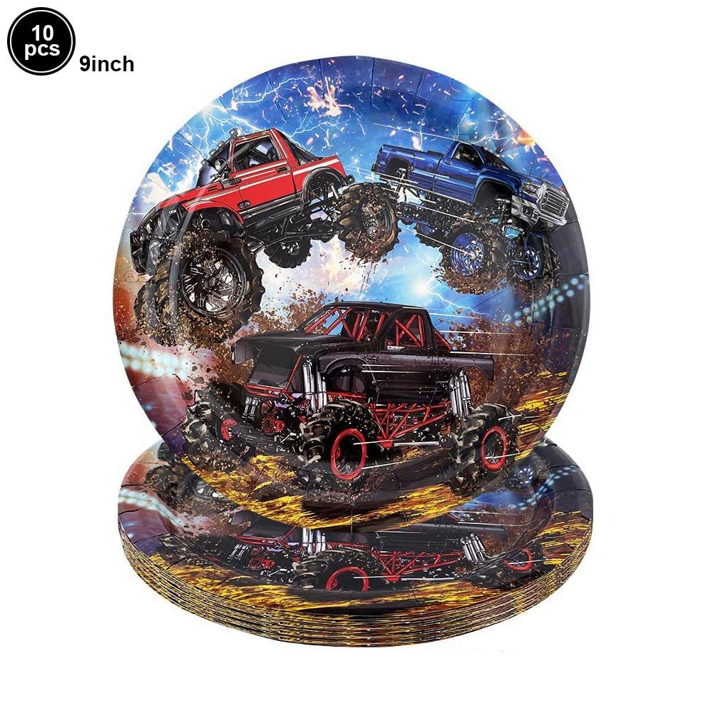 Monster Truck Party Decoration Disposable Tableware Plate Cup Napkins Truck Off road Vehicle Balloon Boy Birthday Party Supplies