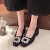 Block Heel Single Shoes Women's Square Toe Suede Crystal Buckle Anti-slip Wear-resistant Kitten Heels