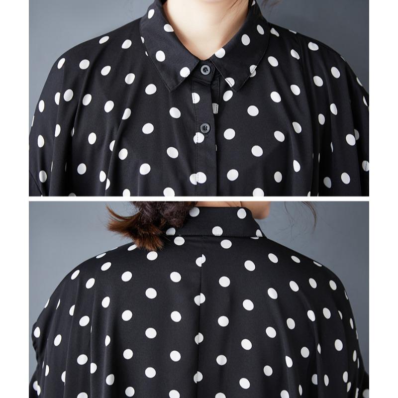 DIMANAF 2025 Большой размер Новая летняя блузка Короткий рукав Повседневные длинные рубашки Женские свободные топы Футболки В горошек