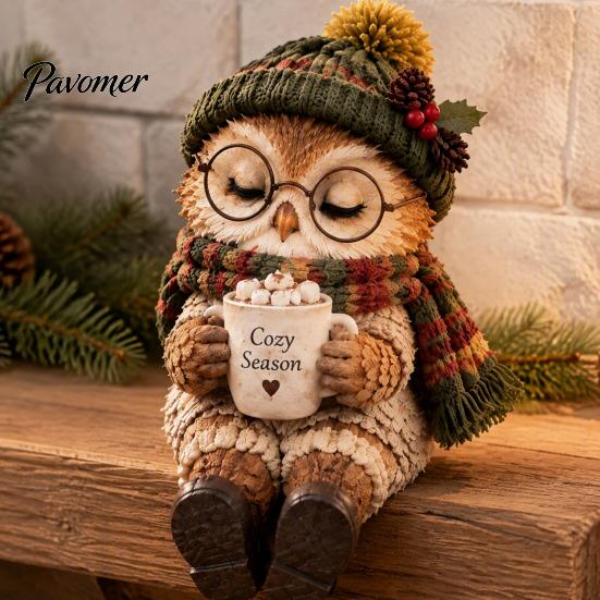 Charming Seasonal Home Accessories Christmas Animal Shelf Sitter Figurine, Woodland Statue with Mug, Dangling Leg Warm Toned Tabletop Decor