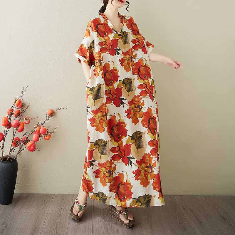 Women's Vintage Long Dress with Cotton and Linen Patterns