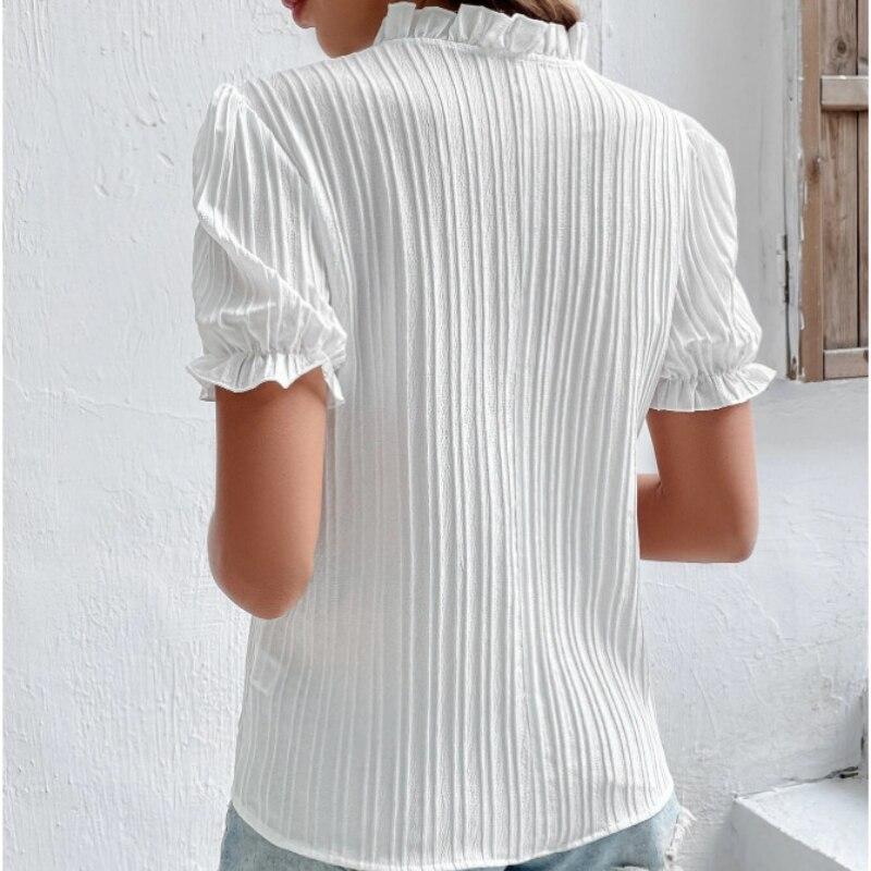 2023 летняя белая рубашка с коротким рукавом, женская винтажная однотонная свободная рубашка с v-образным вырезом, повседневная элегантная кружевная блузка, модная одежда 28006