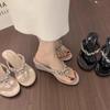 French Beautiful Slope Heel Toe Rhinestone Flip-flops Women's Summer Wear Lazy Wind Not Tired High Heels Sandals