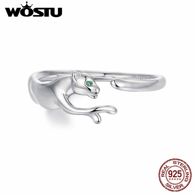WOSTU S925 Silver Panther Leopard Ring for Women Elegant Big Cat Animal Adjustable Rings With Green Crystal Eyes Statement Gift