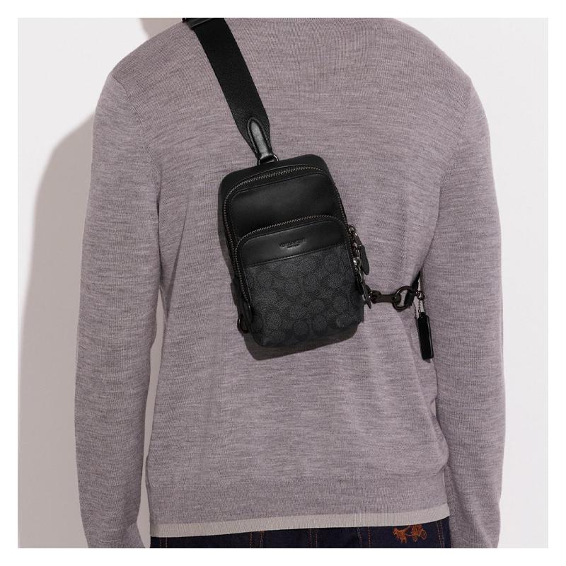 COACH Gotham 13 classic old pattern zipper closure outer pockets exquisite calfskin and coated canvas shoulder crossbody chest bag men's black