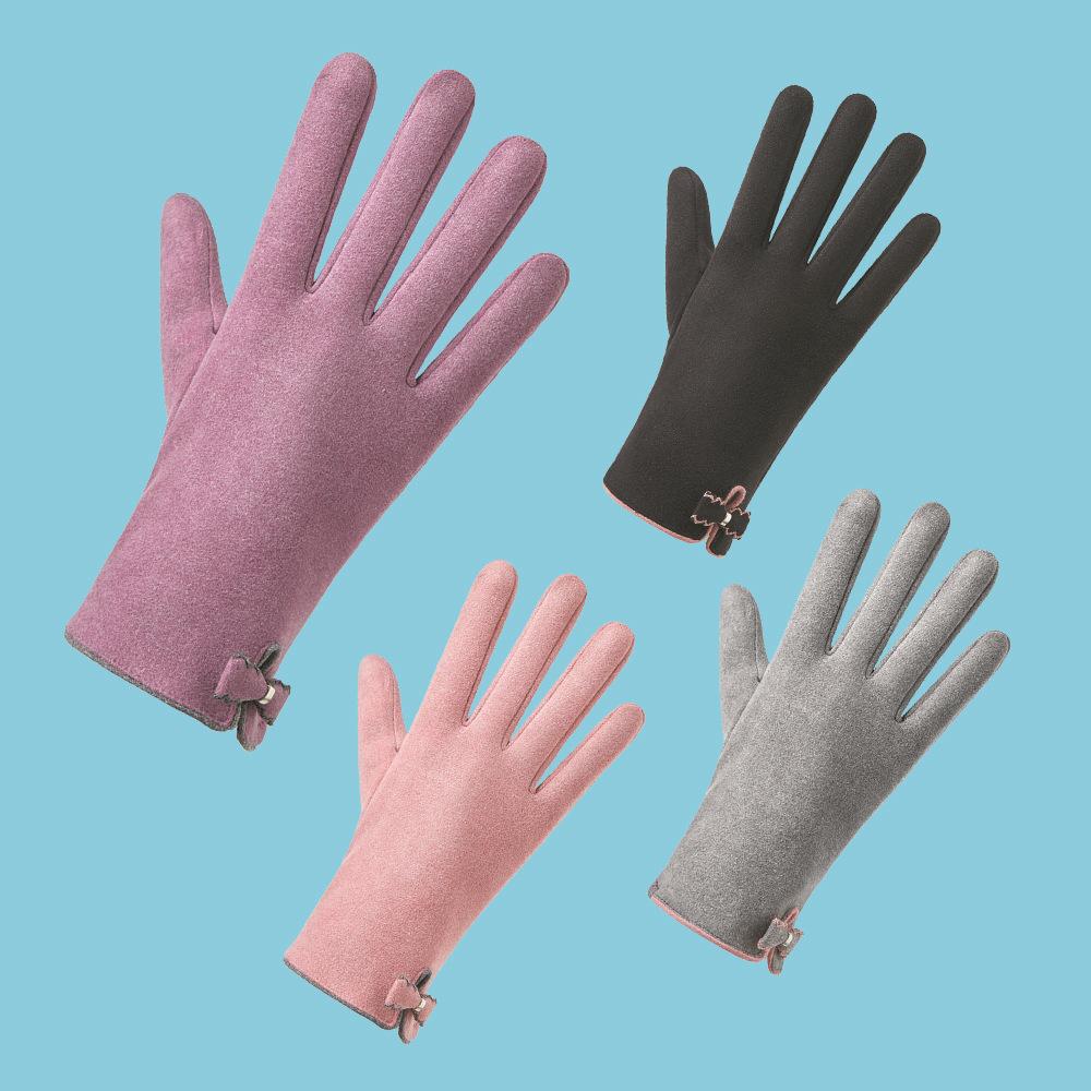 Теплые перчатки для осени и зимы, женские милые с бантом, с утолщенным немецким вельветом и плюшем, ветрозащитные перчатки с сенсорным экраном для электромобиля