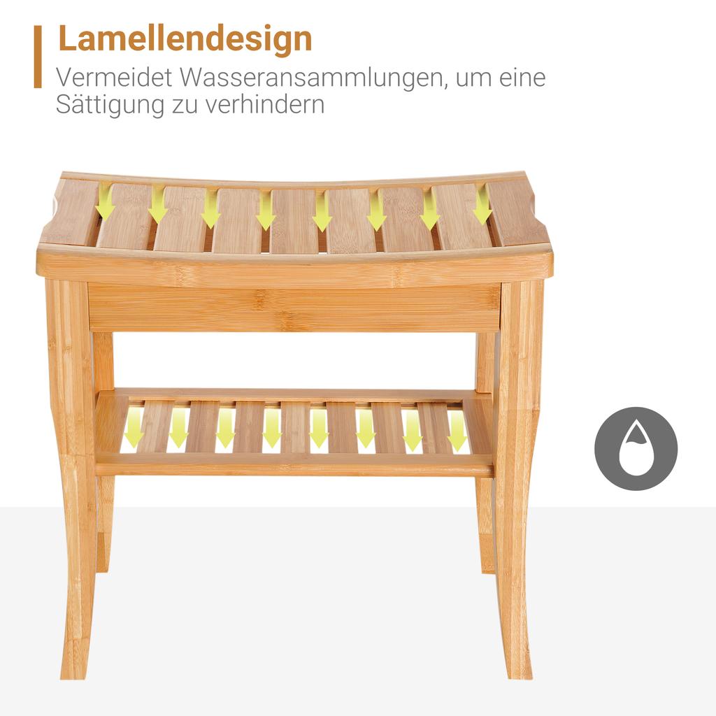 45cm 2-Tier Slatted Shower Bench Storage Seat w/ 4 Legs Comfortable Safe Bathroom Stool Spa Bath Organiser