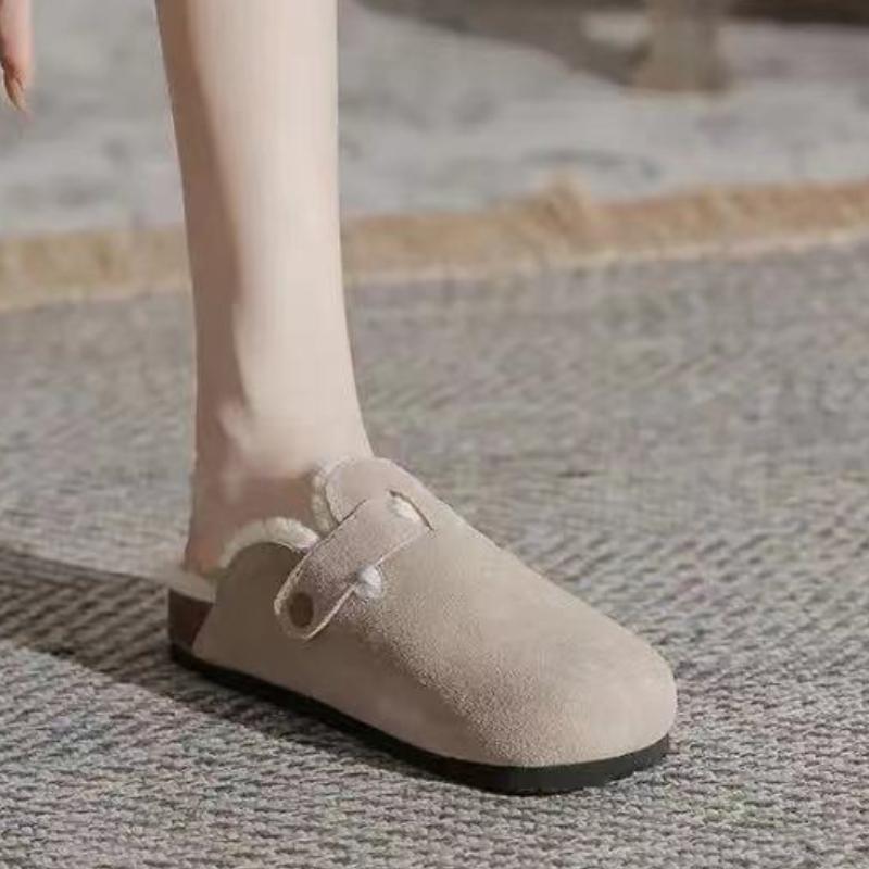 Женская обувь 2024 года, высококачественные зимние женские тапочки с круглым носком, сплошная пряжка из флока, плюшевые удобные плоские ретро-тапочки