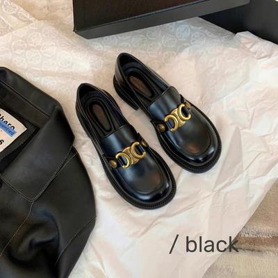 Весенне-осенние новые лоферы с маленькой золотой пряжкой, круглым носком, толстой подошвой и средним каблуком, женские туфли из натуральной кожи на плоской подошве, маленькие кожаные туфли