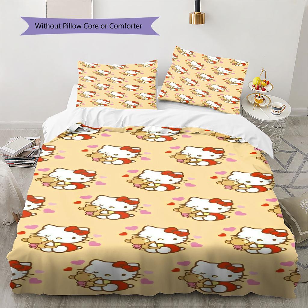3-piece cartoon Hello Kitty print coreless bed sheet set, comfortable bedspreads in various sizes, bedroom bedding decoration.