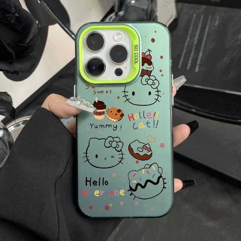 Full-screen Hello Kitty phone case for iPhone 16 Pro Max, cute cartoon design, 14/13/12/11, double-layered, colored silver.