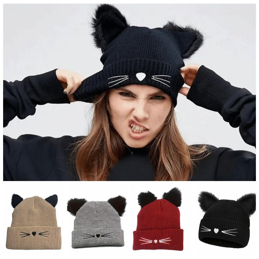 Wool Knitted Pullover Hat Warm Cold Hat Casual Cat Ears Beanies Winter