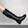 Black Leather Elegant Middle Heel Ladies Knee High Shaft Shoes Autumn Winter Fleece-Lined Round Toe New In Women'S Long Boots