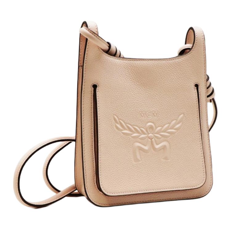 MCM Light Beige Pebbled Leather Vertical Crossbody Bag with Embossed Logo for Daily Use