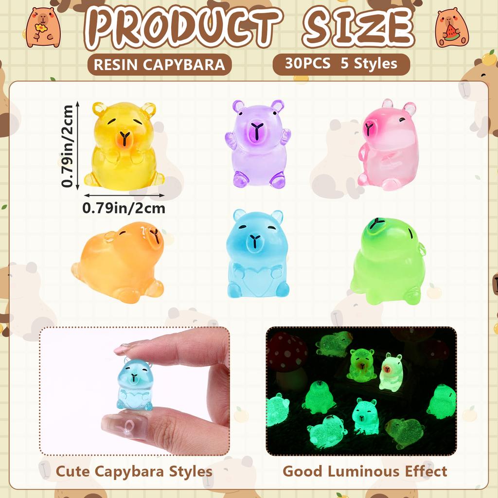 30 Pack Luminous Capybara Figures Colored Mini Resin Capybaras Glow In The Dark Miniature Capybara Tiny Little Small Animal Toys