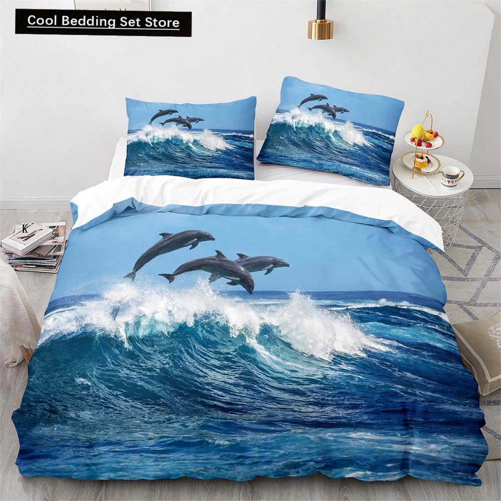 Пододеяльник с дельфином, размер King Queen, прекрасный комплект постельного белья с изображением морской жизни для детей, мальчиков и девочек, милый морской зверь, 2/3 предмета, полиэстеровое одеяло