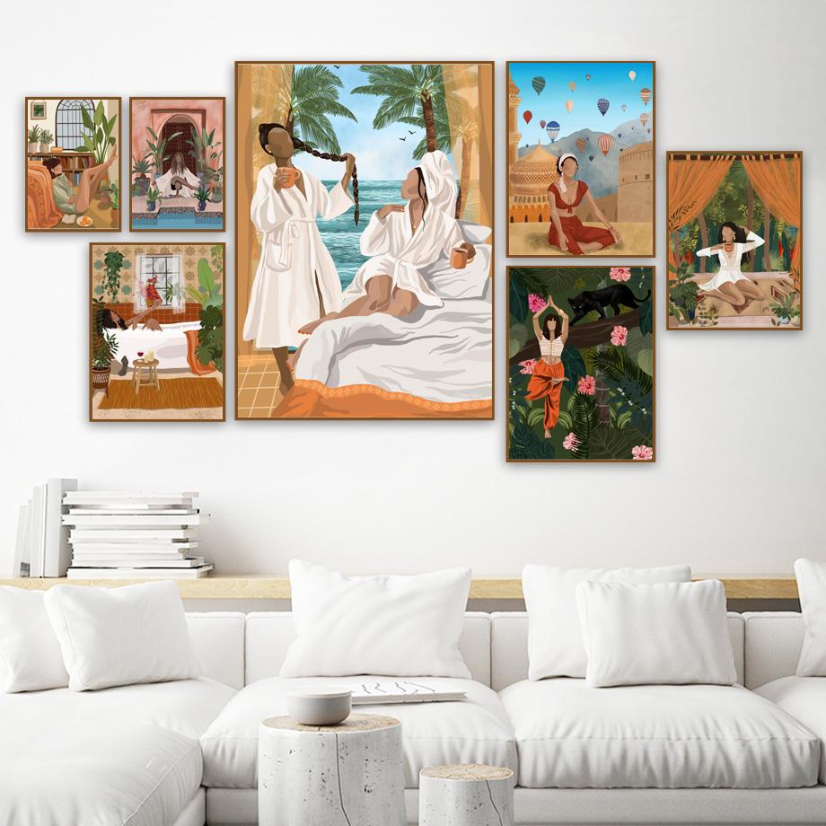 Абстрактная модная девушка, читающая йогу, отдых, пальмовый лист, скандинавский плакат, настенный художественный принт, холст, картина, Декор, фотографии для гостиной