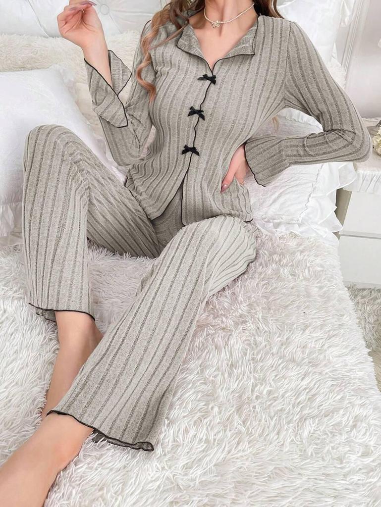European & American Women's Casual Long-Sleeve Pajama Set with Bow