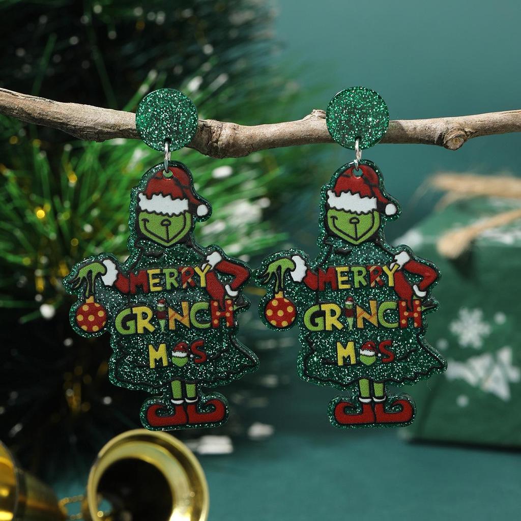Christmas Monster Green Hat Acrylic Earrings – Fun Cartoon Holiday Women's Jewelry