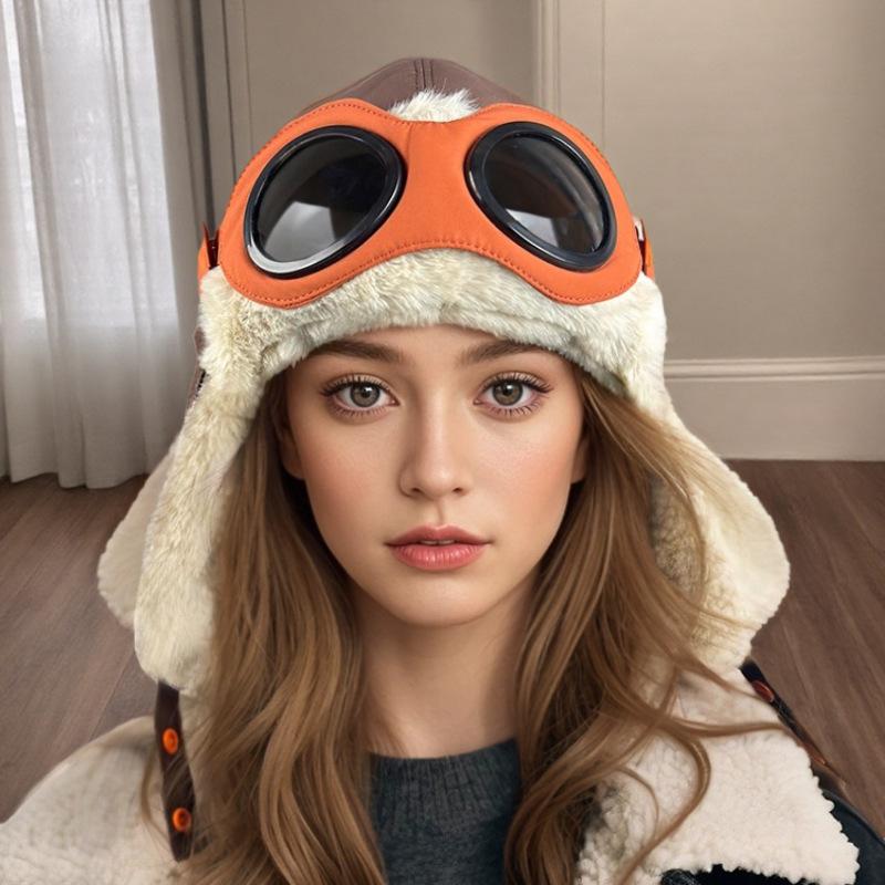 Retro pilot hat women's winter warm Lei Feng hat men's imitation rabbit fur windproof ear protection cycling hat