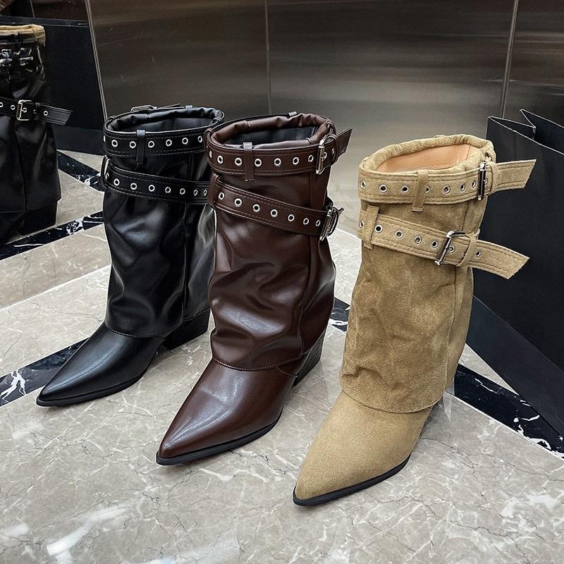 Autumn Mid-Cone Boots Fashion Pointed Toe Sleeve Non-Slip Wear-Resistant Block Heel