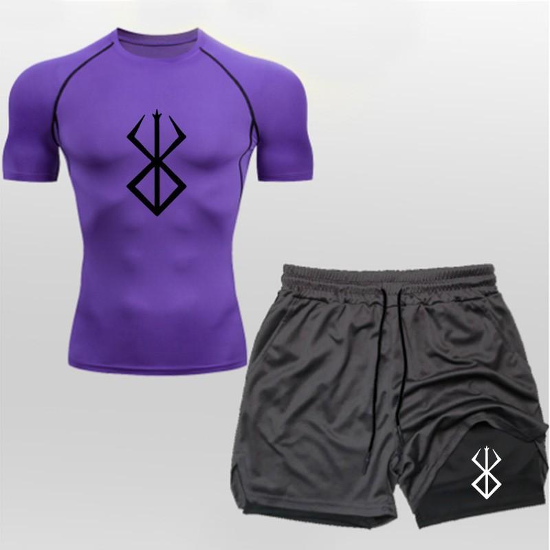 Mens Quick-Dry Breathable 2-Piece Sport Set Short Sleeve T-Shirt Shorts Gym Workout Running Outdoor Fitness