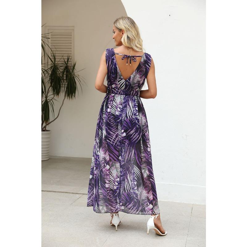 YYFS Women's Fashion Summer Spring Flower Pattern Print Sleeveless V-Neck High Waist Casual Dresses