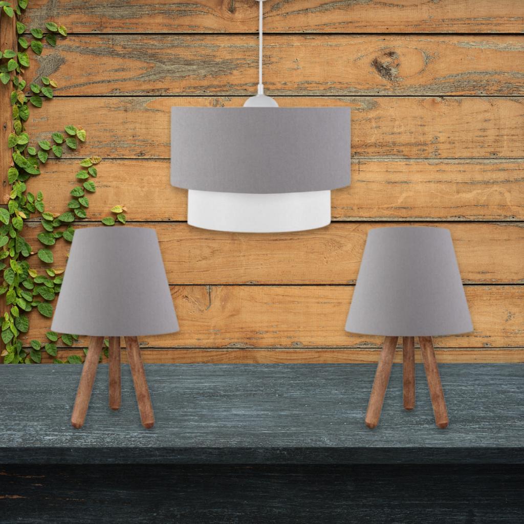 Art Pasta Sarkıt ve Ahşap Ayaklı Abajur Antrasit Kumaş Üçlü Avize Seti Yatak Odası Salon