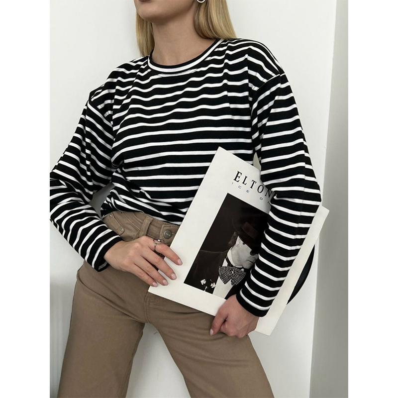 Женская полосатая футболка Hirsionsan с длинными рукавами, весна-лето 2023, большие футболки из 100% хлопка, женские повседневные шикарные футболки, топы для девочек