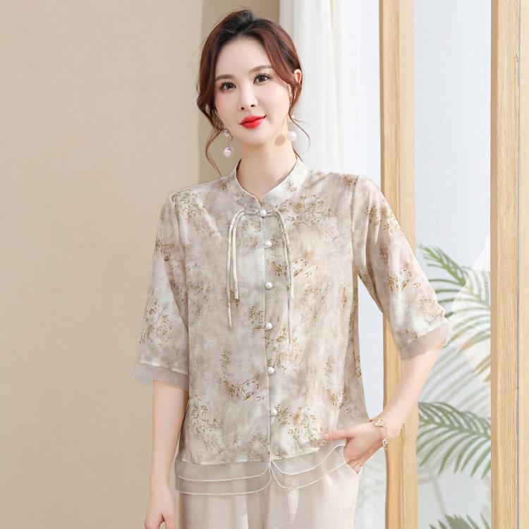 Летний элегантный наряд для мамы, рубашка со средним рукавом, модная женская одежда среднего возраста, национальная трендовая футболка