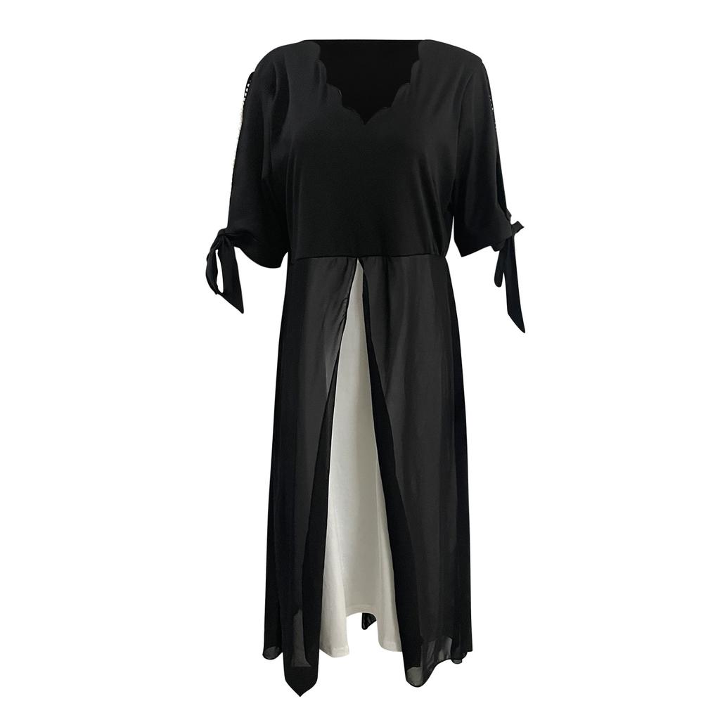 Women Plus Size 3/4 Sleeves V Neck Chiffon Panel Contrast Cocktail Semi Formal Play Dress