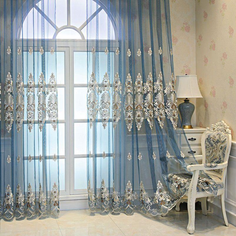1 панельная перегородка, прозрачная занавеска, роскошная синяя прозрачная занавеска с вышивкой, кружевная фильтрующая занавеска, винтажная цветочная занавеска для окон для гостиной