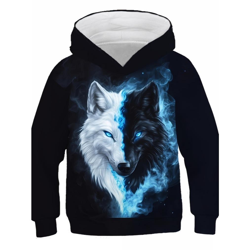 Худи с рисунком мальчика-волка - Светящийся дизайн морды волка с голубым глазом, Худи с круглым вырезом из мягкого полиэфирного волокна
