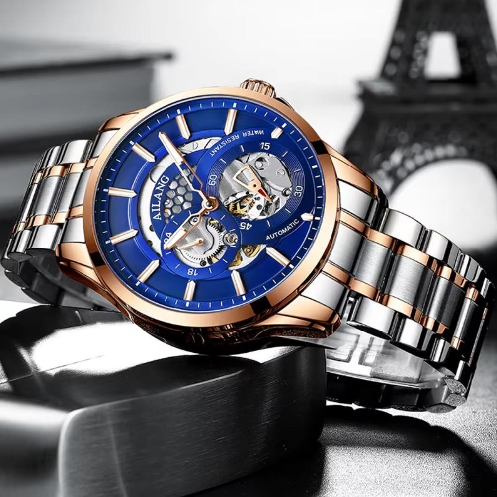 AILANG Men Automatic Mechanical Wristwatch Hollow Skeleton Dial Stainless Steel Band Business Sport Male Watch