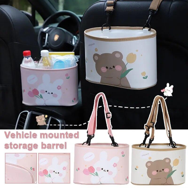 Cartoon Bear Car Seat Back Storage Bucket Leather Printing Hanging Waterproof Large Capacity Multi-function Trash Can