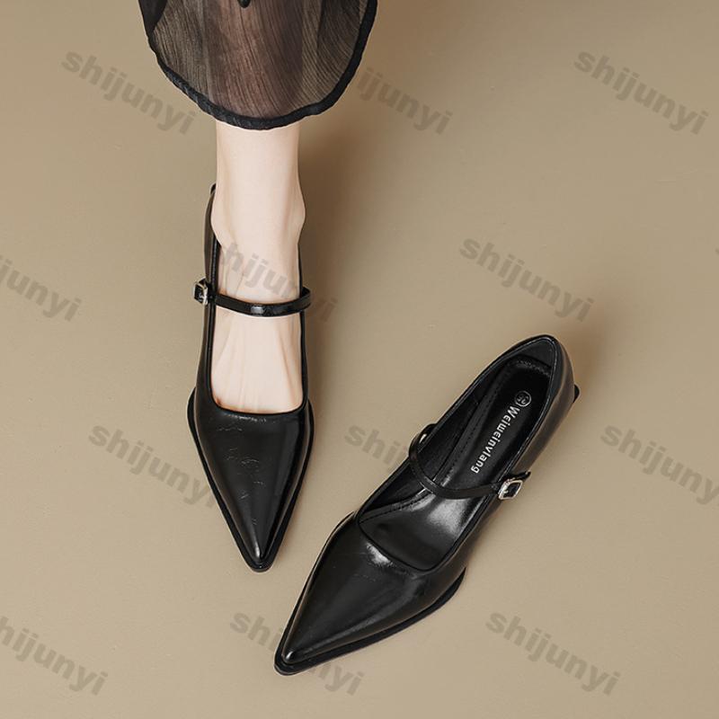 Women Chunky Heel Silver Mary Jane Shoes Spring New Women Pointed Toe Single Shoes Fashion Shallow Thick Heel Wedding Party Shoe